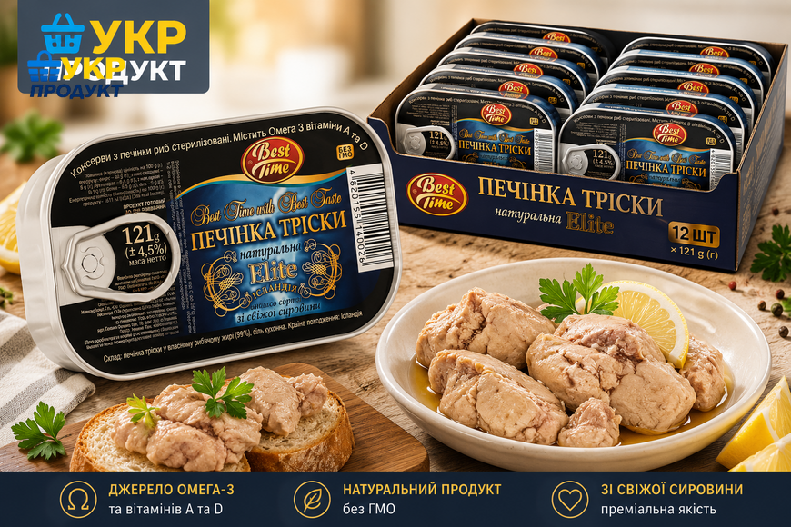 Печінка тріски ТМ Бест Тайм ЕЛІТ*121г/12шт НФ-00000729 фото Печінка тріски ТМ Бест Тайм ЕЛІТ*121г/12шт НФ-00000729 фото